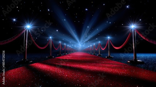 Red carpet event pathway with rope barriers and overhead lighting