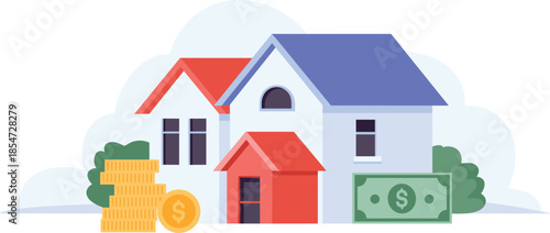 Real estate investment illustration, residential houses with money coins and cash, property value growth, mortgage finance concept, modern flat design