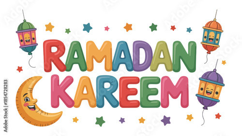 Ramadan Kareem: Vibrant depiction of Ramadan Kareem with a crescent moon, stars and lanterns in cartoonish style expressing the spirit of the Islamic Holy Month