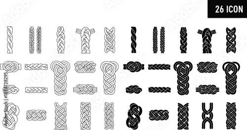 Collection of Nautical Rope Knots and Braided Cord Icons Featuring Various Decorative Macrame Patterns and Sailor Knot Designs for Marine Branding