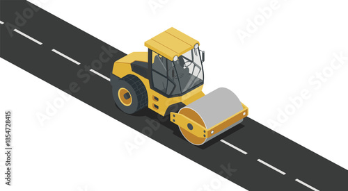 Road roller construction vehicle illustration, asphalt compactor machine paving highway, roadwork equipment, transportation infrastructure concept, modern isometric design