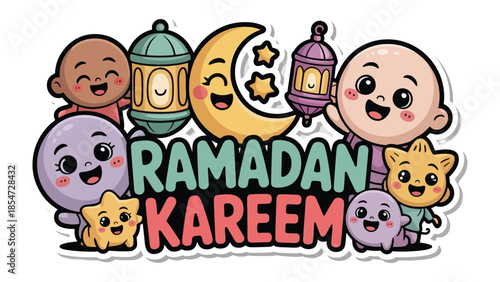 Ramadan Kareem Cartoon: A heartwarming cartoon illustration conveying the spirit of Ramadan Kareem with adorable characters, lanterns, and a crescent moon, inviting a sense of joy and reflection.