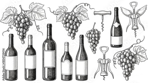 Hand Drawn Wine Bottles and Grapes Vector Illustration