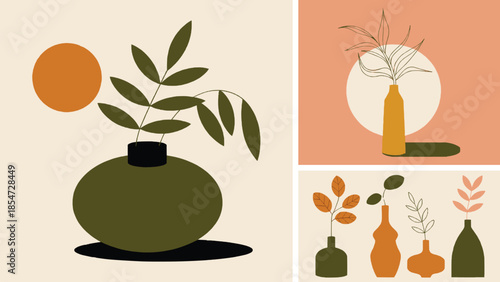 Abstract botanical art set featuring diverse minimal vases with foliage and warm earthy color palettes for modern decor