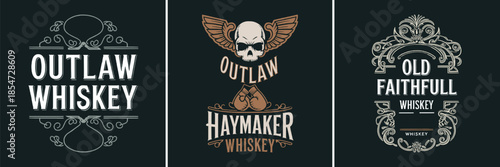 Collection of three vintage whiskey labels featuring stylized lettering outlaw haymaker and old faithfull designs on dark background
