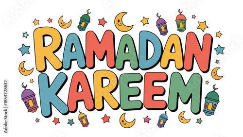 Ramadan Kareem: Vibrant Illustration with Festive Decorations: A joyful and colorful Ramadan Kareem illustration featuring vibrant typography, surrounded by festive lanterns, stars.