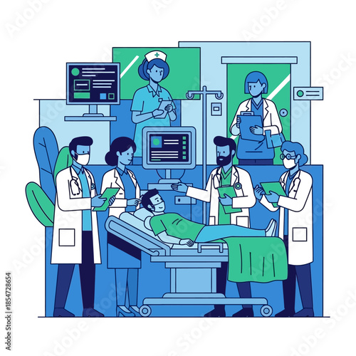 Medical team attending to a patient in a hospital room with various healthcare professionals and equipment.