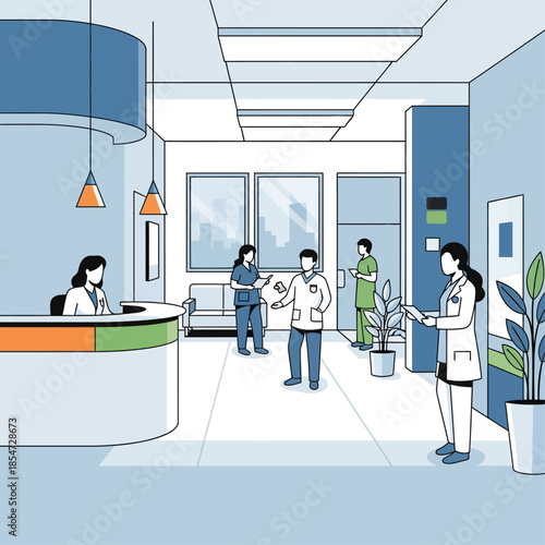 Modern hospital reception area with medical staff working in a clean and professional environment.