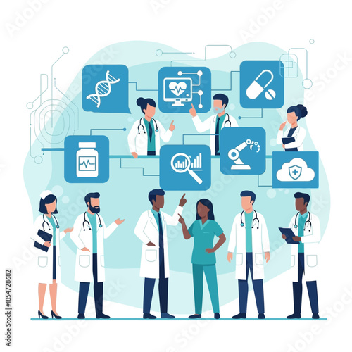 Diverse medical professionals collaborating on healthcare technology and scientific research, featuring icons for DNA, digital health, pharmaceuticals, and robotics.