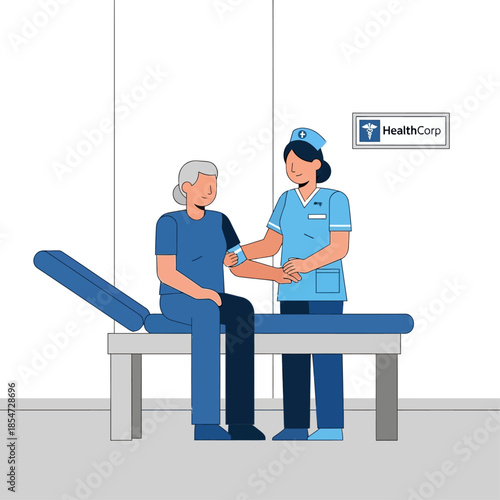 Healthcare professional taking vital signs of a senior woman during a medical check-up at a HealthCorp facility, depicted in a flat illustration style.