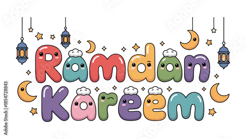 Ramadan Kareem: Celebrate the Islamic holy month with this adorable and vibrant illustration, adorned with charming cartoon elements.