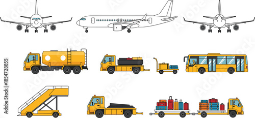 Airport ground service and transportation vector set with airplane fuel trucks buses baggage loaders and service vehicles