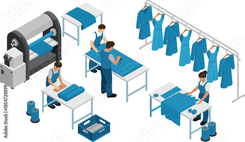 Textile factory isometric illustration, garment production process with workers sewing, cutting fabric, clothing manufacturing workflow, modern industry concept