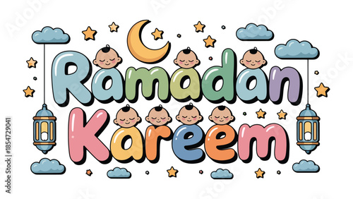 Ramadan Kareem Illustration: Festive and colorful Ramadan Kareem illustration with a cute design, featuring the crescent moon and stars, creating a joyful and celebratory atmosphere.