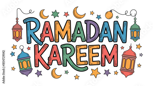 Ramadan Kareem Illustration: Colorful illustration celebrating the holy month of Ramadan, with crescent moons, stars, and lanterns.