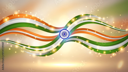 Republic day indian tricolor wave background with ashoka chakra glowing light abstract patriotic illustration symbolizing independence army sacrifice shaid honor national pride celebration design 