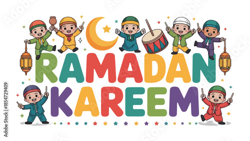 Ramadan Kareem: vibrant illustration captures the joyous spirit of Ramadan, featuring cheerful figures and festive decorations, with Ramadan Kareem in colorful letters.