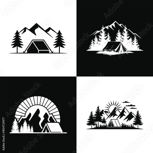 Collection of four black and white vector logos featuring outdoor adventure scenes with tents mountains and pine trees for camping and nature themes