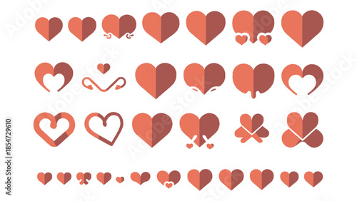 Collection of various flat design coral and reddish heart icons representing love romance and relationship concepts