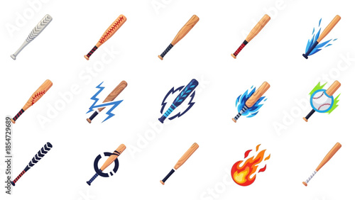 Collection of baseball bats with various effects and styles.