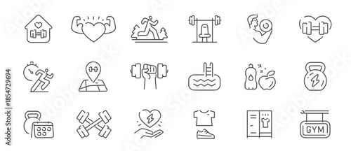 Set of line icons fitness and sport. Collection symbol fitness, gym and health care. Workout, healthy lifestyle concept