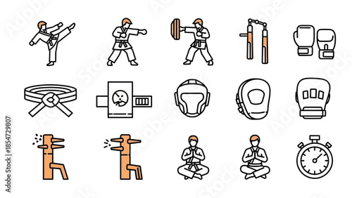 Martial Arts Icons Set Featuring Combat Sports Equipment and Figures.
