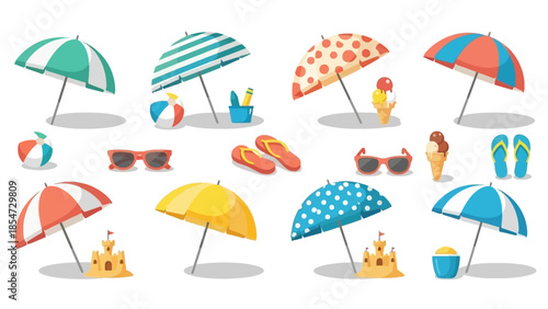 Collection of beach umbrellas sunglasses and ice cream cones.