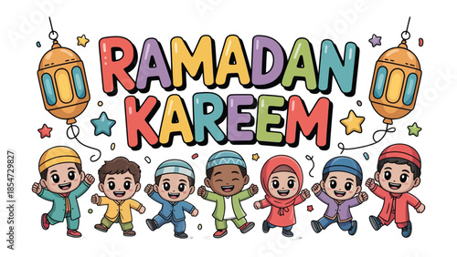 Ramadan Kareem Illustration: Festive and colorful illustration of the greeting Ramadan Kareem, featuring cheerful children with balloons and lanterns. Symbolizing joy, togetherness.