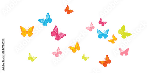 Vibrant butterflies flying in various colors against white background