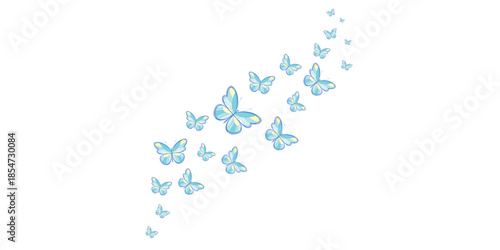 Beautiful blue butterflies flying in formation on white background
