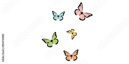 Colorful butterflies flying in formation on white background