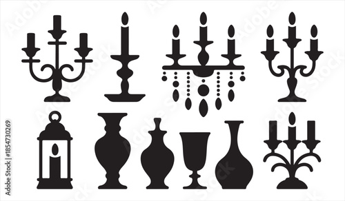 Black silhouette vector set of chandeliers, candelabras and decorative vases isolated on white background