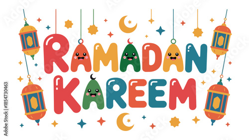 Ramadan Kareem: Vibrant Illustration: A festive illustration announcing Ramadan Kareem, adorned with colorful typography, traditional lanterns, and crescent moons.