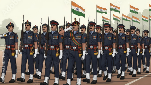 Indian army parade soldiers marching with discipline honor bravery patriotism national pride republic independence martyrs tribute ceremonial army day illustration for commercial design