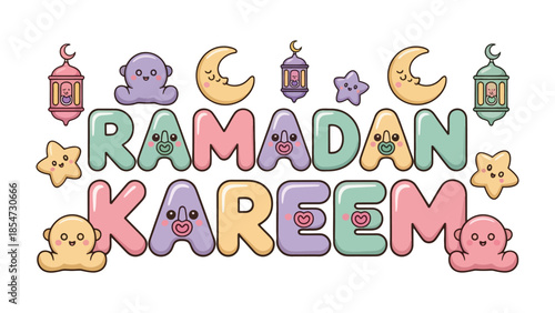 Ramadan Kareem Illustration: Festive and colorful illustration spelling out Ramadan Kareem, featuring cute character designs, moon, lantern, perfect for greetings and celebrations.