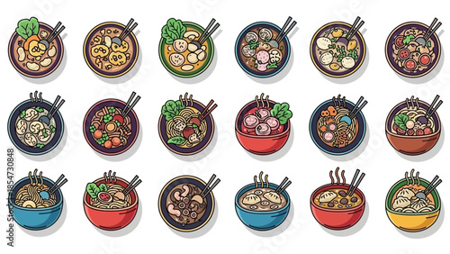 Collection of Asian Noodle Soup Bowls with Chopsticks.