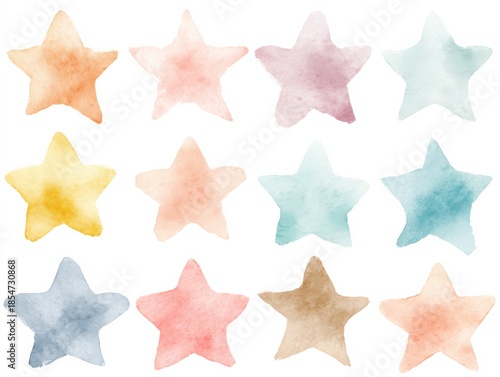 Celestial Watercolor Ensemble: A charming collection of colorful watercolor stars, each radiating unique hues and textures, evoke a sense of playfulness and ethereal beauty.