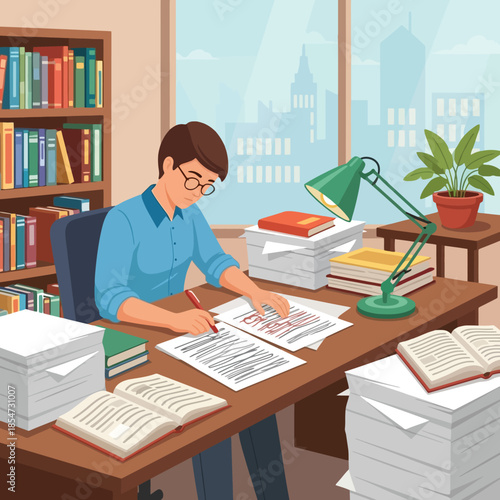 Focused proofreader reviewing documents at a desk with a library view
