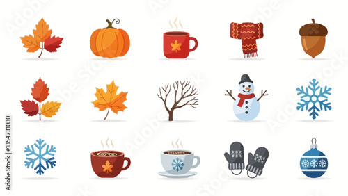 Collection of Autumn and Winter Season Icons.