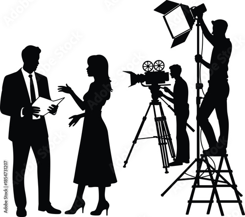 Film production crew silhouette filming interview with director camera tripod studio lighting cinematography media broadcasting teamwork professional equipment concept documentary