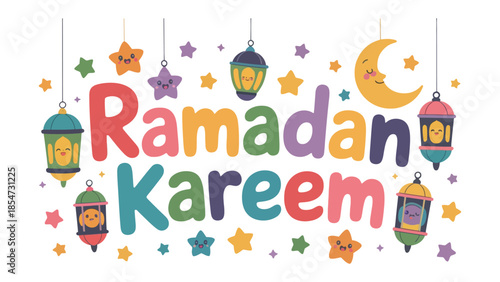 Ramadan Kareem: festive Islamic holiday, celebrated with colorful lanterns, stars, and crescent moons, conveying joy and blessings.