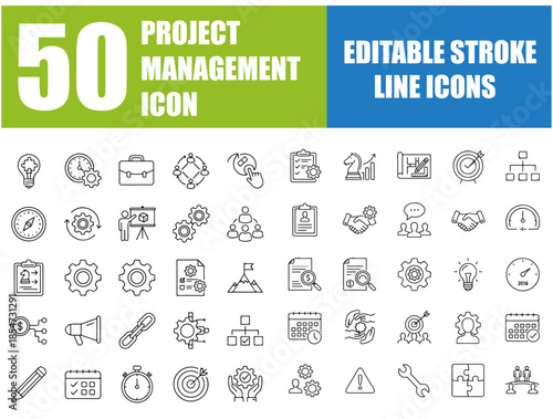Project Management Line Icons Set, Business Planning and Strategy Editable Stroke Vector Illustration Containing Organization, Collaboration, Development, Startup, Marketing, Gantt Chart, Timeline, Ka