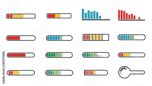Collection of various progress bars and loading indicators for user interface design.