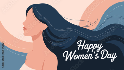 A beautiful side profile illustration of a woman with long flowing hair for Happy Womens Day