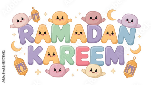 Ramadan Kareem: Adorable illustrations form a vibrant greeting, perfect for sharing the blessings of Ramadan, featuring charming characters, lanterns, and crescents, conveying warmth, joy, and peace.