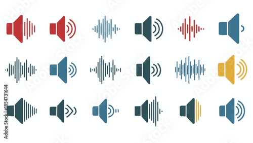 Collection of various sound wave and speaker icons in different colors and styles.
