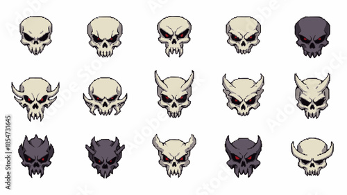 Collection of various stylized skull illustrations with different designs and expressions.