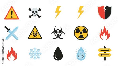Collection of various warning and hazard symbols for safety.