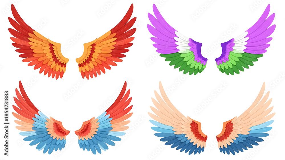 Fototapeta premium Colorful feathered angel wings in four sets of red orange yellow purple green blue Valentine's day set bundle colllection isolated on white transparent background 2026 2027 download