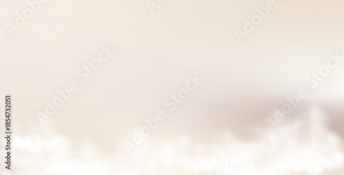 Sky creamy landscape background. Panorama with beige sky and white clouds. Heaven fog air banner template. Summer morning tan pale wallpaper. Paradise sweet backdrop. Vector illustration.